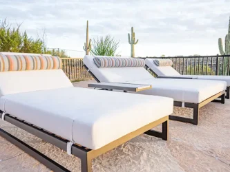 mauve and white chaise loungers